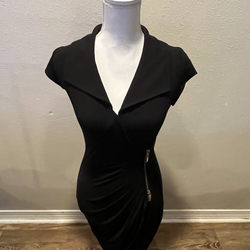 Cache Black Midi Dress with Gold Zipper